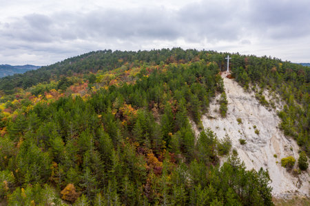 Drone view of the light cross lookout at the top of the Csandor mountain in Vonyarcvashegy, Hungaryの写真素材