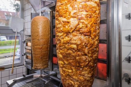 Doner Kebab meat towers in a local pizza and gyros restaurantの写真素材