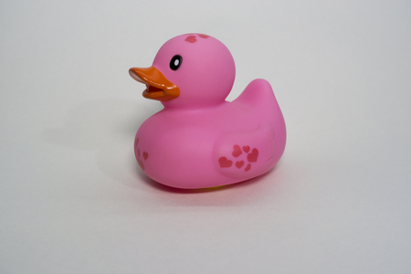 violet rubber duck, isolated on a white background. Children bath toy rubber ducky, close up.の写真素材