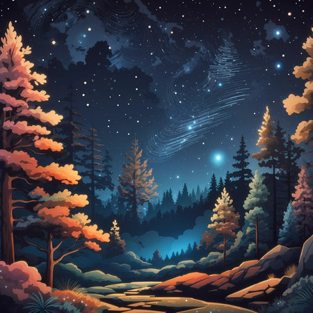 Night forest landscape with starry sky.の素材