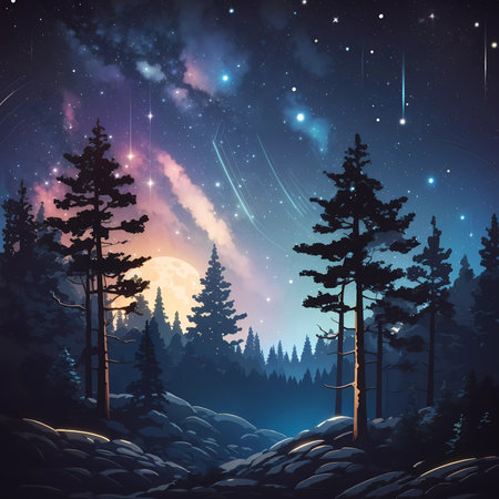 Fantasy landscape with pine trees and night sky.の素材
