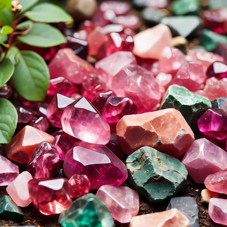 Pink and green gemstones on the groundの素材