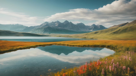 Panoramic view of mountains and lake.の素材