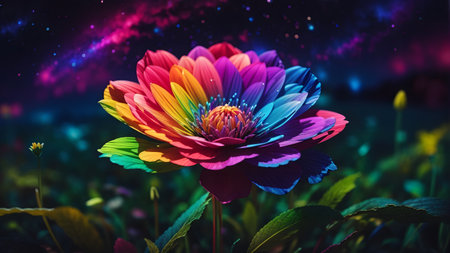 Colorful flower on the background of the night sky with stars.の素材