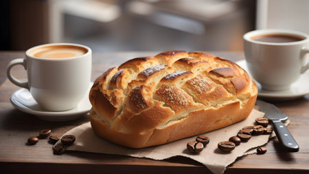 Coffee and bread on the table.の素材