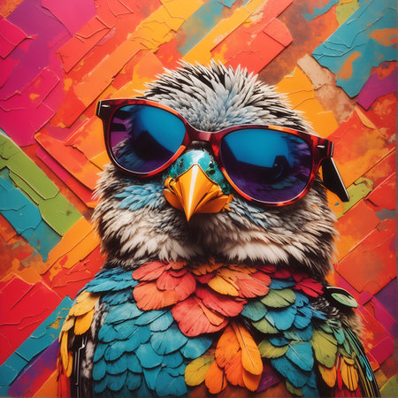 Portrait of a bird in sunglasses on a colorful background.の素材