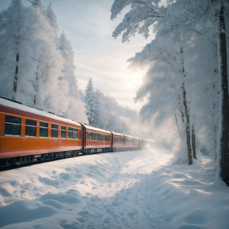 Train in the winter forest. Railway through the snow-covered trees.の素材