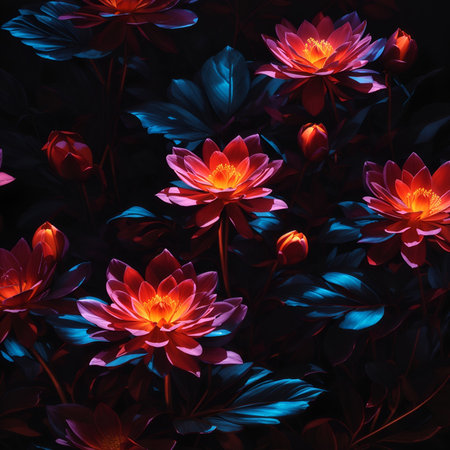 Neon flowers on dark background.の素材