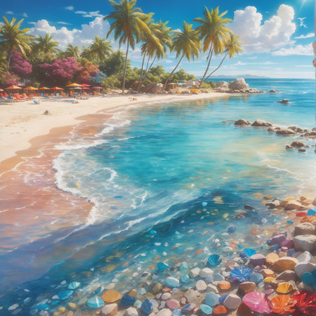 Beautiful seascape with palm trees and turquoise water.の素材