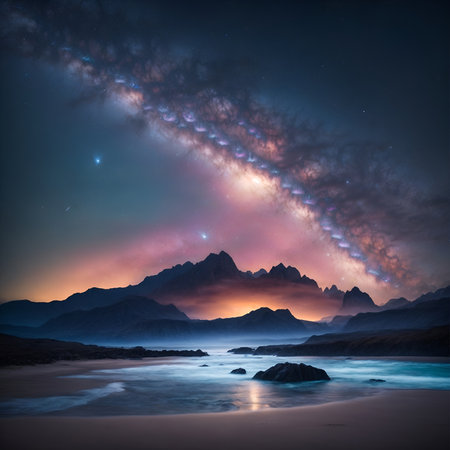 Fantasy landscape with mountains and starry sky.の素材