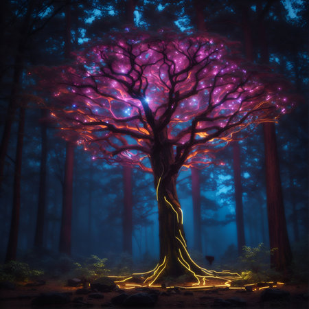 Magic tree in the night forest. Fairy tale landscape.の素材