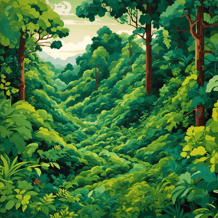 Beautiful landscape with green forest. Vector illustration in cartoon style.の素材