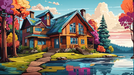 Lakehouse. Lake house colorful illustration. House and lake landscape.の素材