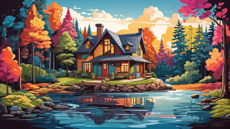 Lakehouse. Lake house colorful illustration. House and lake landscape.の素材