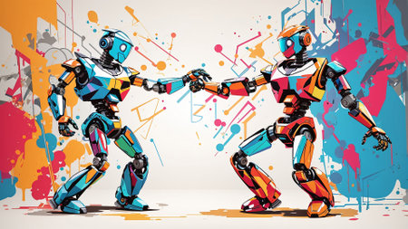 Vector illustration of two robots dancing on abstract background.の素材