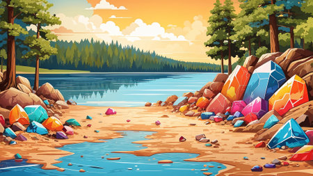 Colorful stones on the shore of a lake. Vector illustration.の素材