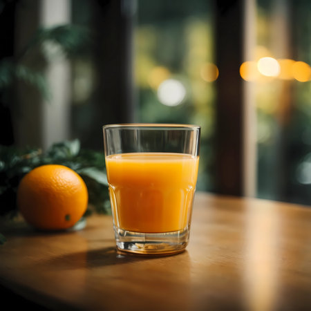 Glass of orange juice on the wooden table.の素材