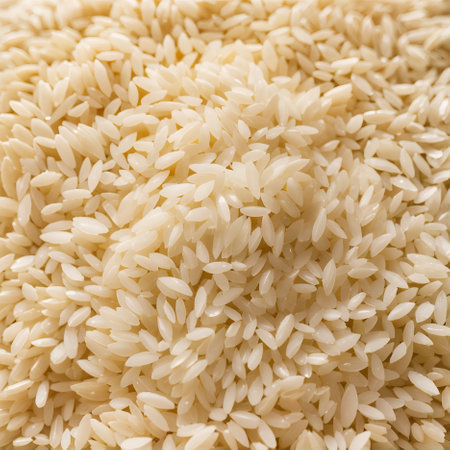 Uncooked white rice as background, top view. Close up.の素材