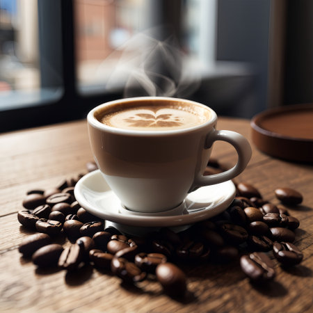 Coffee cup and coffee beans on wooden table in coffee shop.の素材