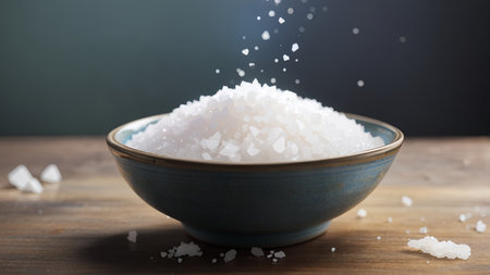 Sea salt in a blue bowl.の素材