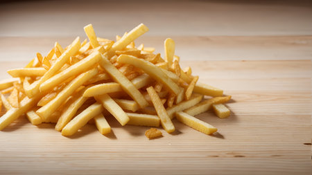 Golden French fries potatoes on wooden table.の素材