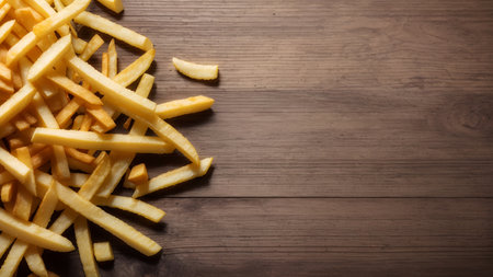 French fries potatoes on wooden background.の素材