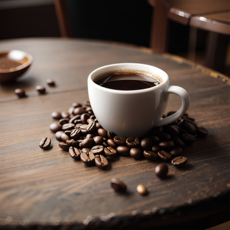 Coffee cup and coffee beans on wooden table. Coffee background.の素材