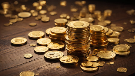 Pile of gold coins on wooden table, business and financial concept.の素材