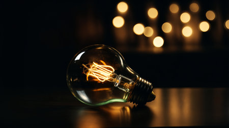 An illuminated incandescent light bulb on a dark background.の素材