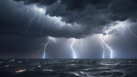 Conceptual image of stormy sky with lightning and sea surfaceの素材