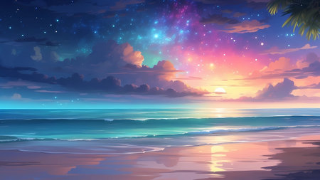 Illustration of a beautiful sunset over the sea with stars in the skyの素材