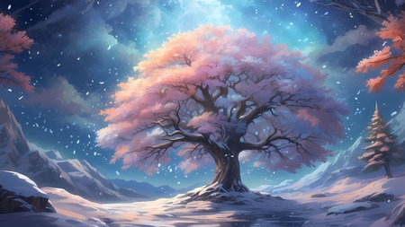 Fantasy winter landscape with a tree in the snow.の素材