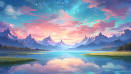 Beautiful sunset over the lake. Mountain landscape. Vector illustration.の素材