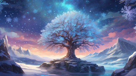 Fantasy winter landscape with a tree and snowflakes. Digital painting.の素材