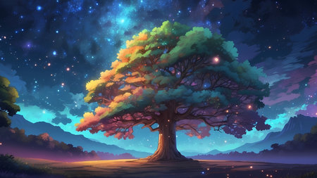 Fantasy landscape with big tree and night sky â illustration for childrenの素材