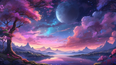 Fantasy landscape with mountains and lake. Digital art painting illustration.の素材