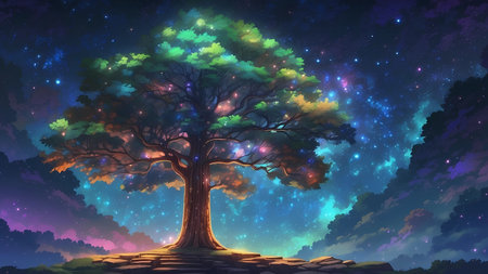 Fantasy landscape with big trees and many stars in the sky.の素材
