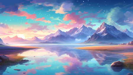 Beautiful landscape with mountains and lake. Digital painting. Vector illustration.の素材