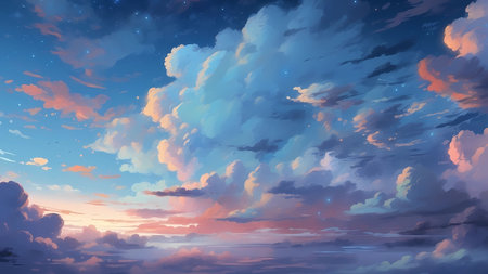Illustration of a blue sky with clouds.の素材