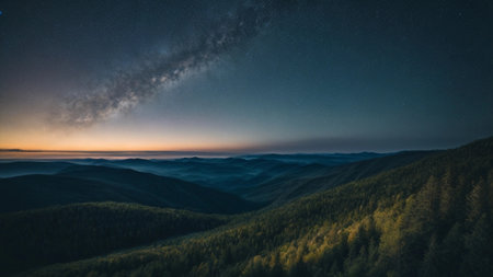 Panoramic view of the starry sky over the mountains.の素材