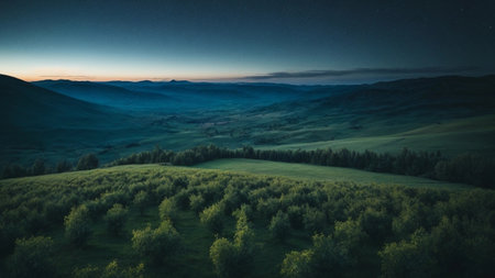 Beautiful summer landscape in the mountains at night. Panorama.の素材