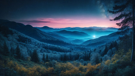 Fantastic sunset in the mountains. Dramatic scene. Beautiful landscape.の素材