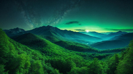 Mountain landscape with green forest and blue sky with clouds at night.の素材