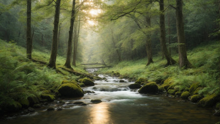 River flowing through a green forest at sunrise.の素材