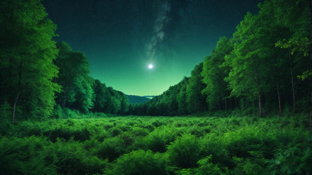 Fantastic green forest at night with starry sky.の素材