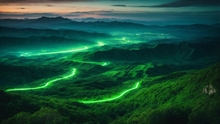 Mountain landscape with green light trails.の素材