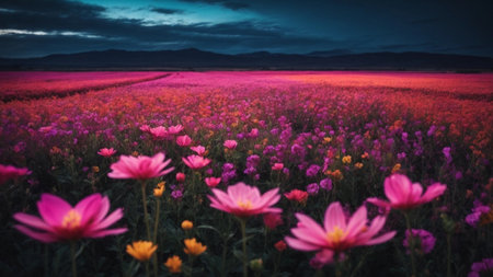 Cosmos flowers in the field at sunset. Panoramic viewの素材