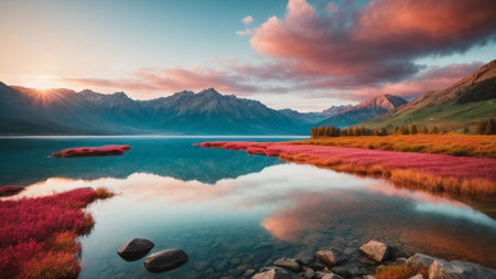Mountain lake at sunset. Colorful summer landscape in the mountains.の素材