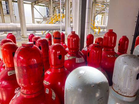 Fire extinguishers in a petrochemical plant, closeup of photo