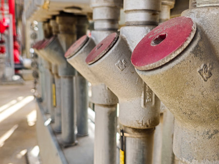 Pipes and valves in oil refinery factory, closeup of photo